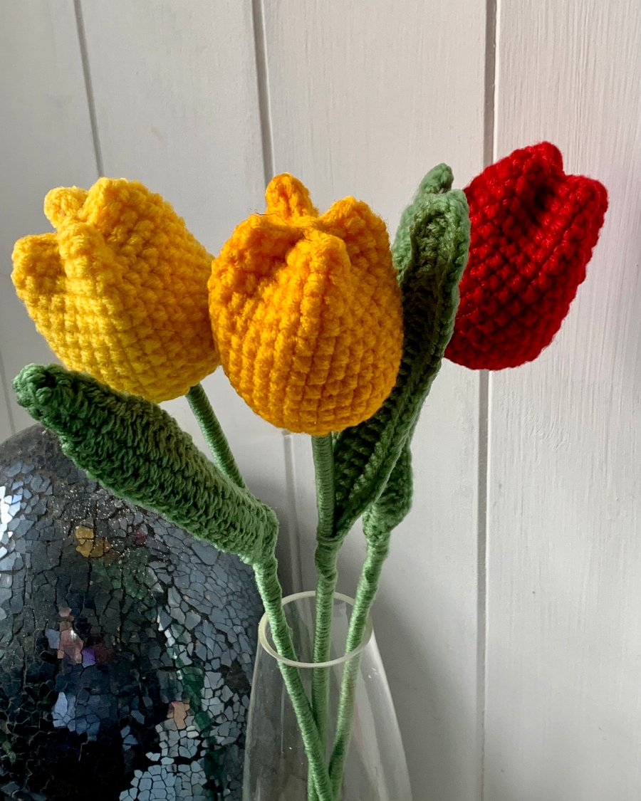  Spring tulips, crochet flowers in red, yellows. Everlasting blooms