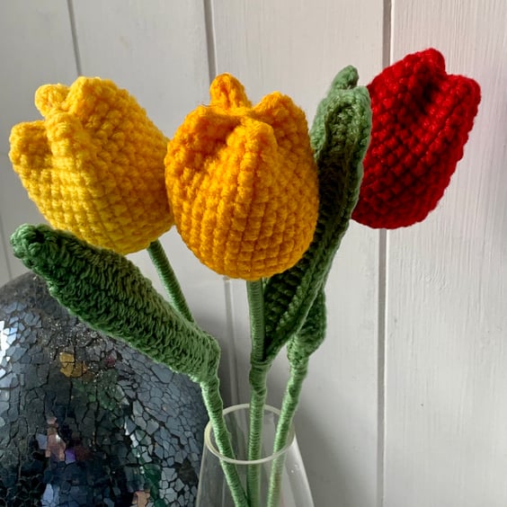  Spring tulips, crochet flowers in red, yellows. Everlasting blooms