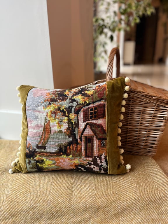 Sailing boat needlepoint and reclaimed velvet cushion cover with pompoms