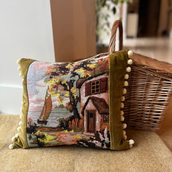 Sailing boat needlepoint and reclaimed velvet cushion cover with pompoms