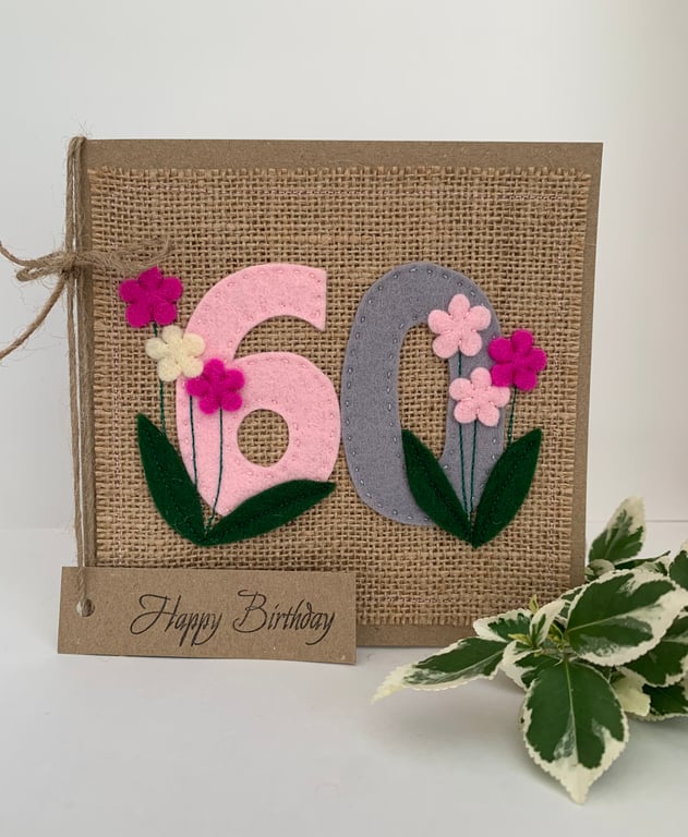 60th Handmade Birthday Card from wool felt. Keepsake Card. Textile card.