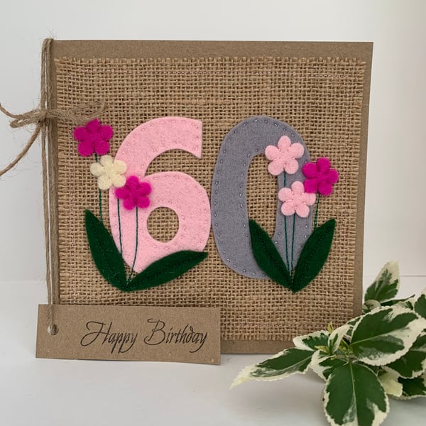 60th Handmade Birthday Card from wool felt. Keepsake Card. Textile card.