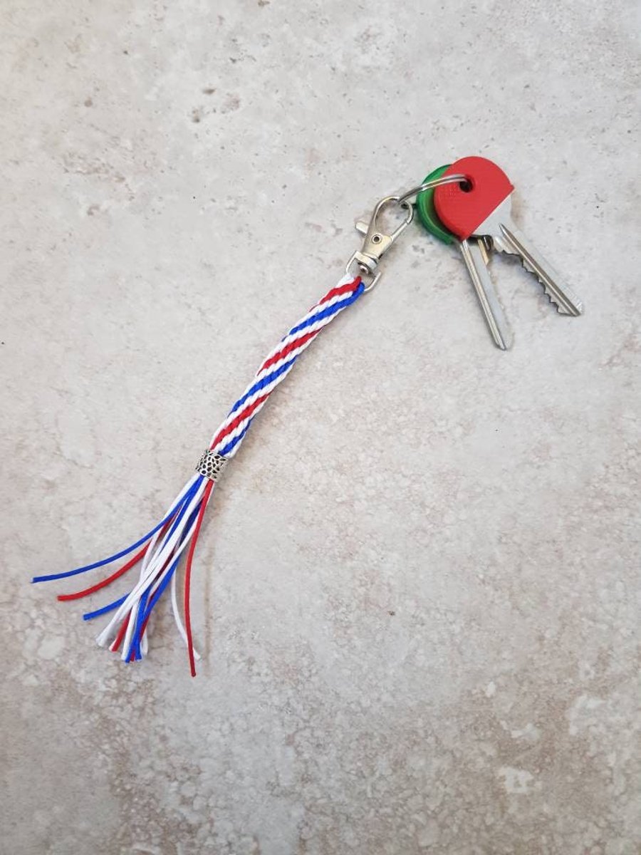 Red white and blue Keyring, Patriotic keychain, Rope bag charm