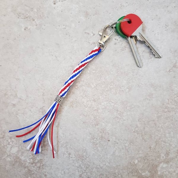 Red white and blue Keyring, Patriotic keychain, Rope bag charm