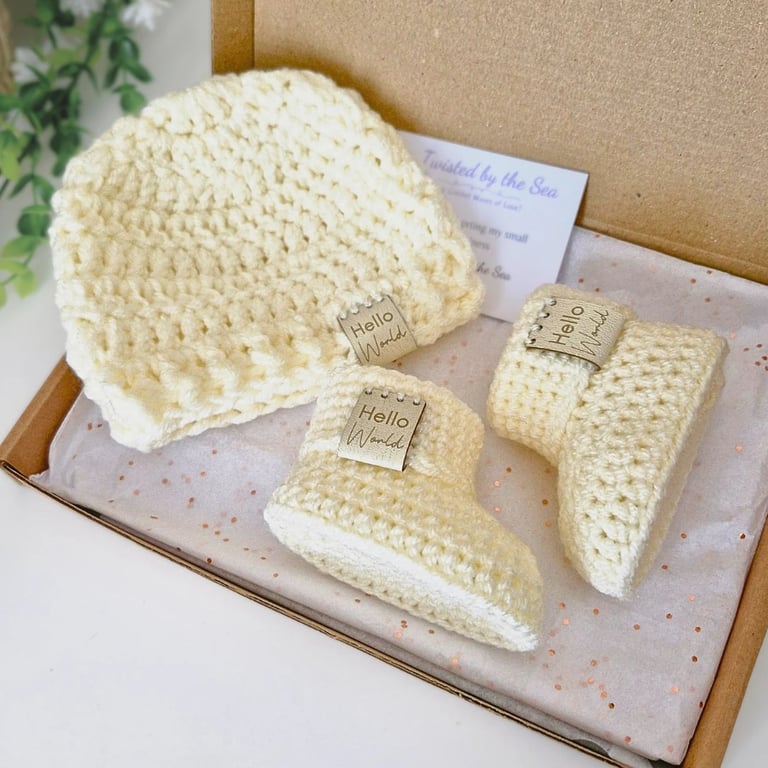 Hello World Crochet Baby Hat and Booties Set - Keepsake Gift