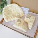 Hello World Crochet Baby Hat and Booties Set - Keepsake Gift