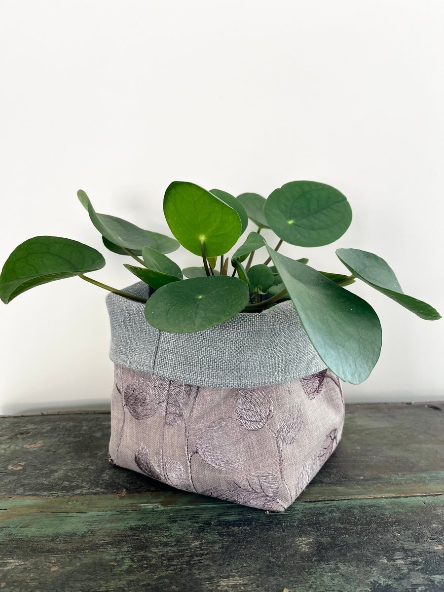 Embroidered leaves reversible storage basket plant pot craft storage