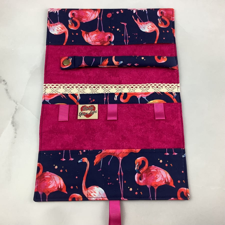 Flamingo jewellery wrap, Birds jewellery roll, Handmade
