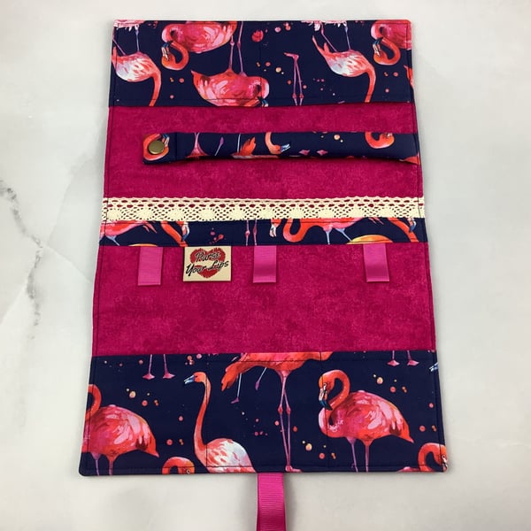 Flamingo jewellery wrap, Birds jewellery roll, Handmade