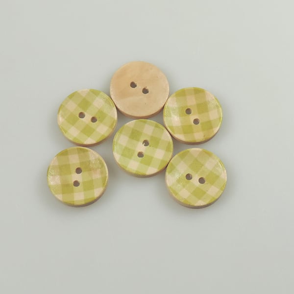 10 x Check pattern, Green Gingham, 20mm, 2cm Round wooden buttons