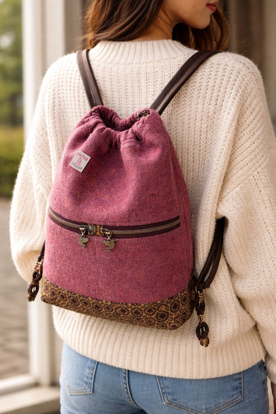 A Harris Tweed and Portuguese Cork Backpack with subtle embroidery