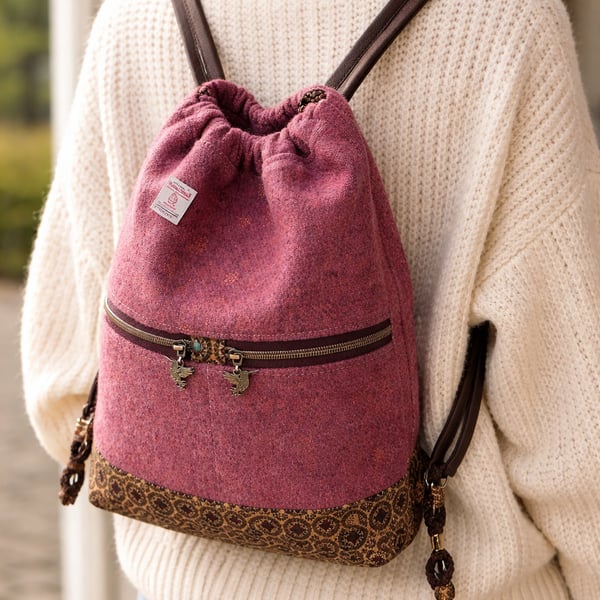 A Harris Tweed and Portuguese Cork Backpack with subtle embroidery