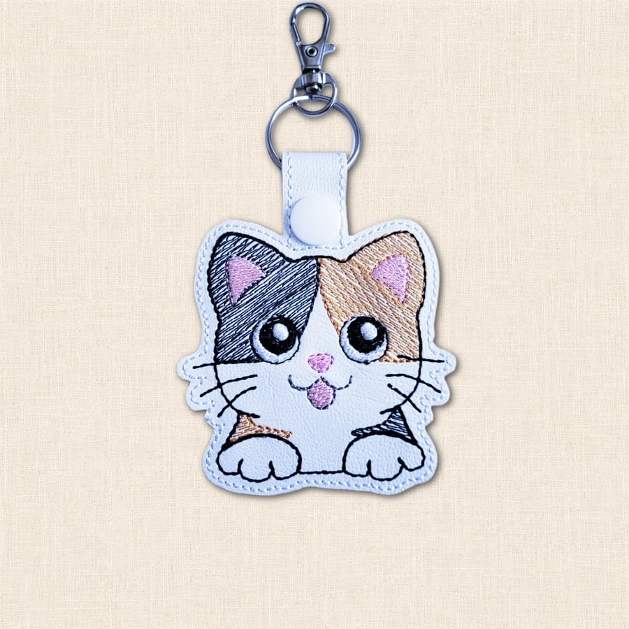 Kawaii Calico Cat Keyring - Embroidered Faux Leather Bag Charm