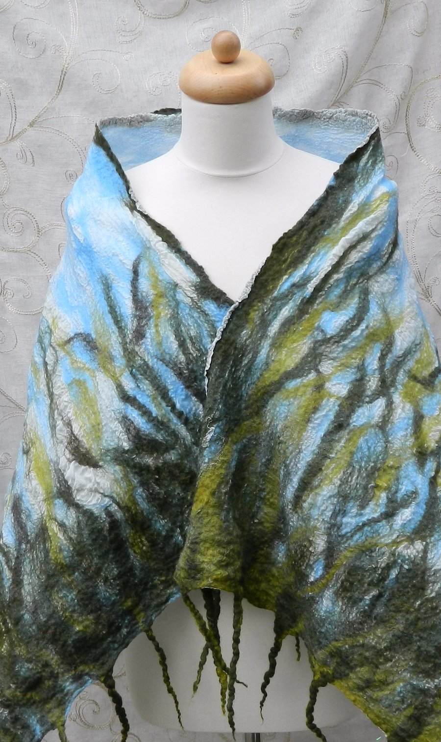 Green Scarf Shawl Wrap Silk and Wool Felted Nuno Nature Green and Blue Handmade 