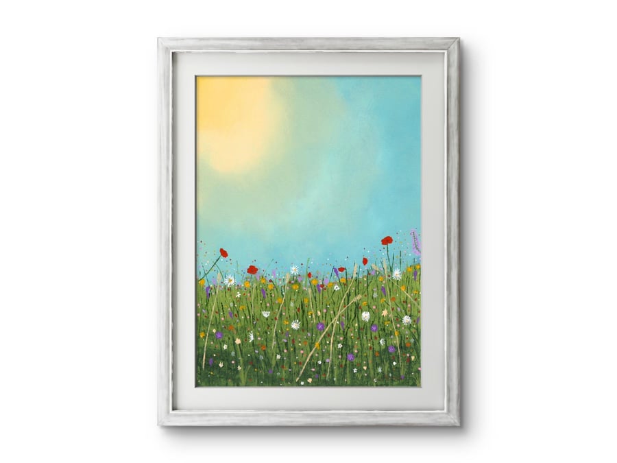 Floral Meadow Print, Flowery sunny meadow print originally painted with acrylics