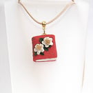 Polymer Clay Red Floral Book Pendant