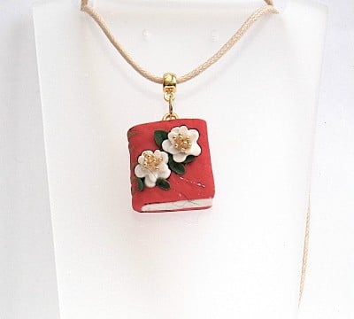Polymer Clay Red Floral Book Pendant