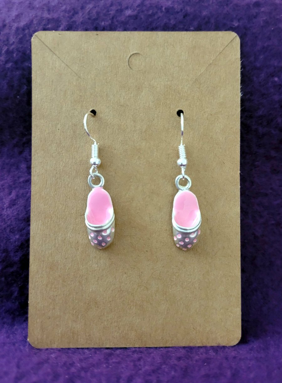 Silver & Pink Slipper Charm Dangle Earrings on Silver Plated Earring Hooks