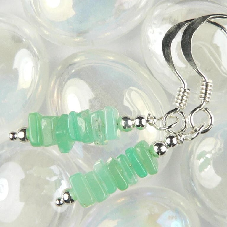 Chrysoprase natural stone drop earrings, sterling silver, slices are 4mm