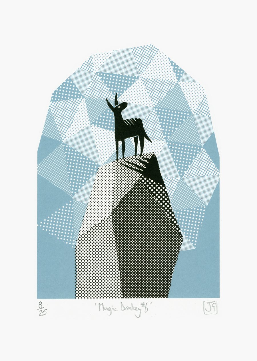 Magic Donkey No.6 two-colour A4 screen-print (black & light blue)