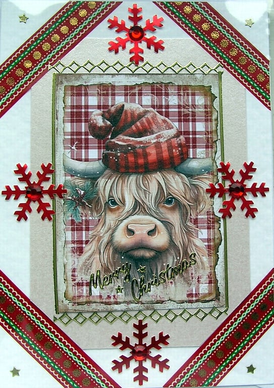 Hand Crafted Decoupage Chistmas Card - Merry Christmas (2724) - Highland Cow