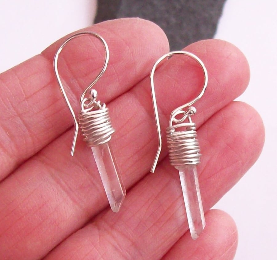 Quartz Crystal Earrings , Wire Wrapped Singing Quartz Crystal , Sterling Silver