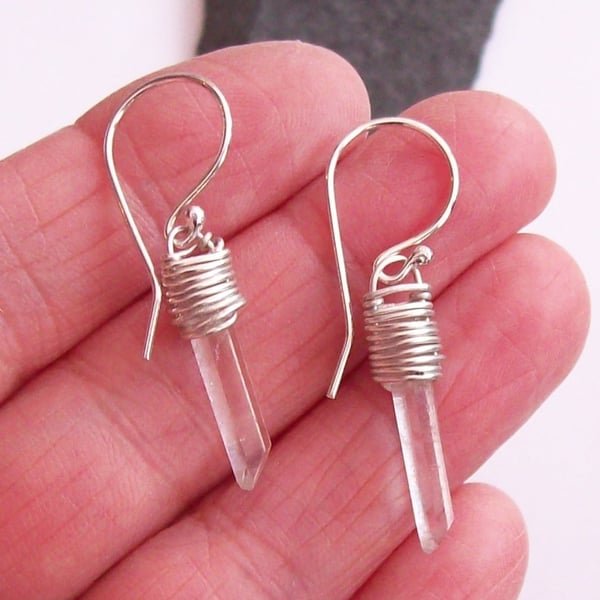 Quartz Crystal Earrings , Wire Wrapped Singing Quartz Crystal , Sterling Silver