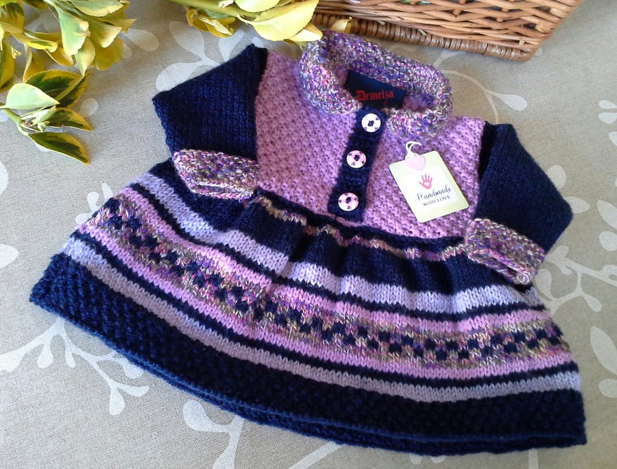 Baby Girl's Knitted Fairisle Dress with Wool & Cotton mix yarns  6-12 months