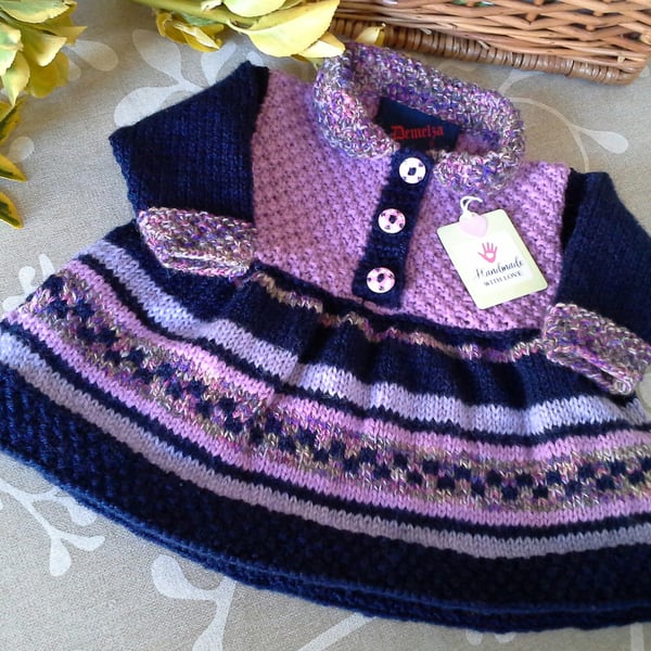 Baby Girl's Knitted Fairisle Dress with Wool & Cotton mix yarns  6-12 months