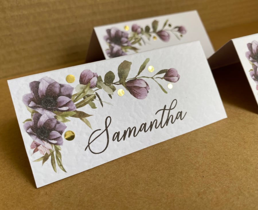 6 x name place CARDS dusty purple mauve flowers Wedding table setting decor