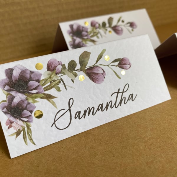 6 x name place CARDS dusty purple mauve flowers Wedding table setting decor