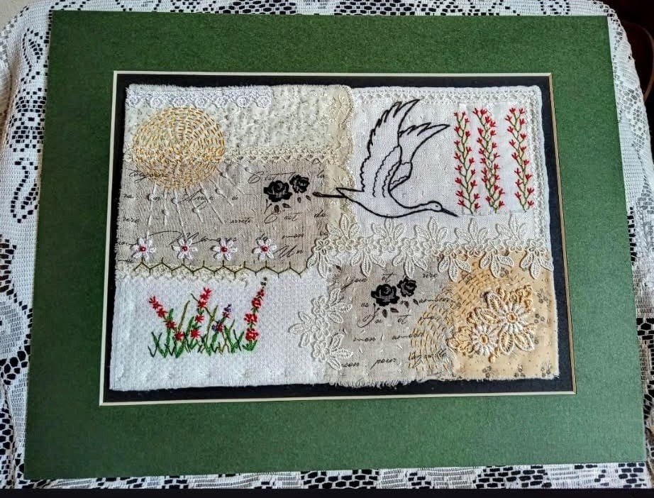 Hand embroidered textile wall art, slow stitched wall decor nature inspired 