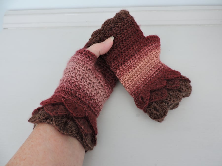 Fingerless Mitts Gloves with Dragon Scale Cuffs  Claret Brown Pink
