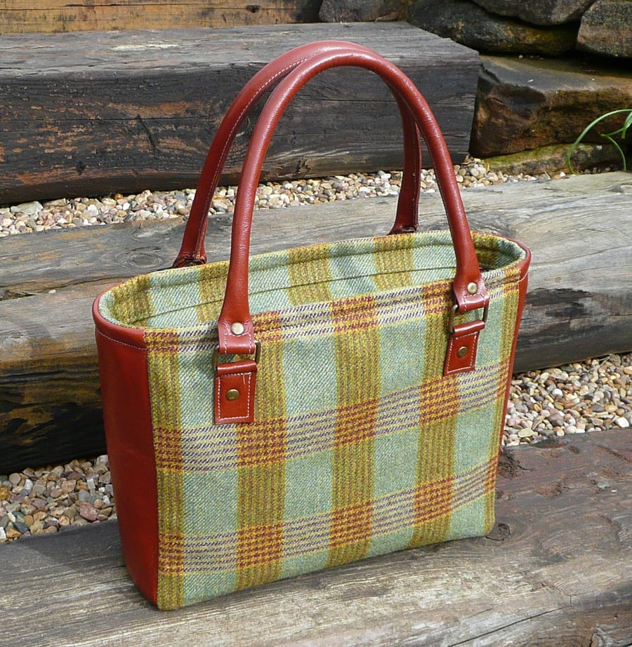 Green and gold british wool check tweed handbag with rich leather accent