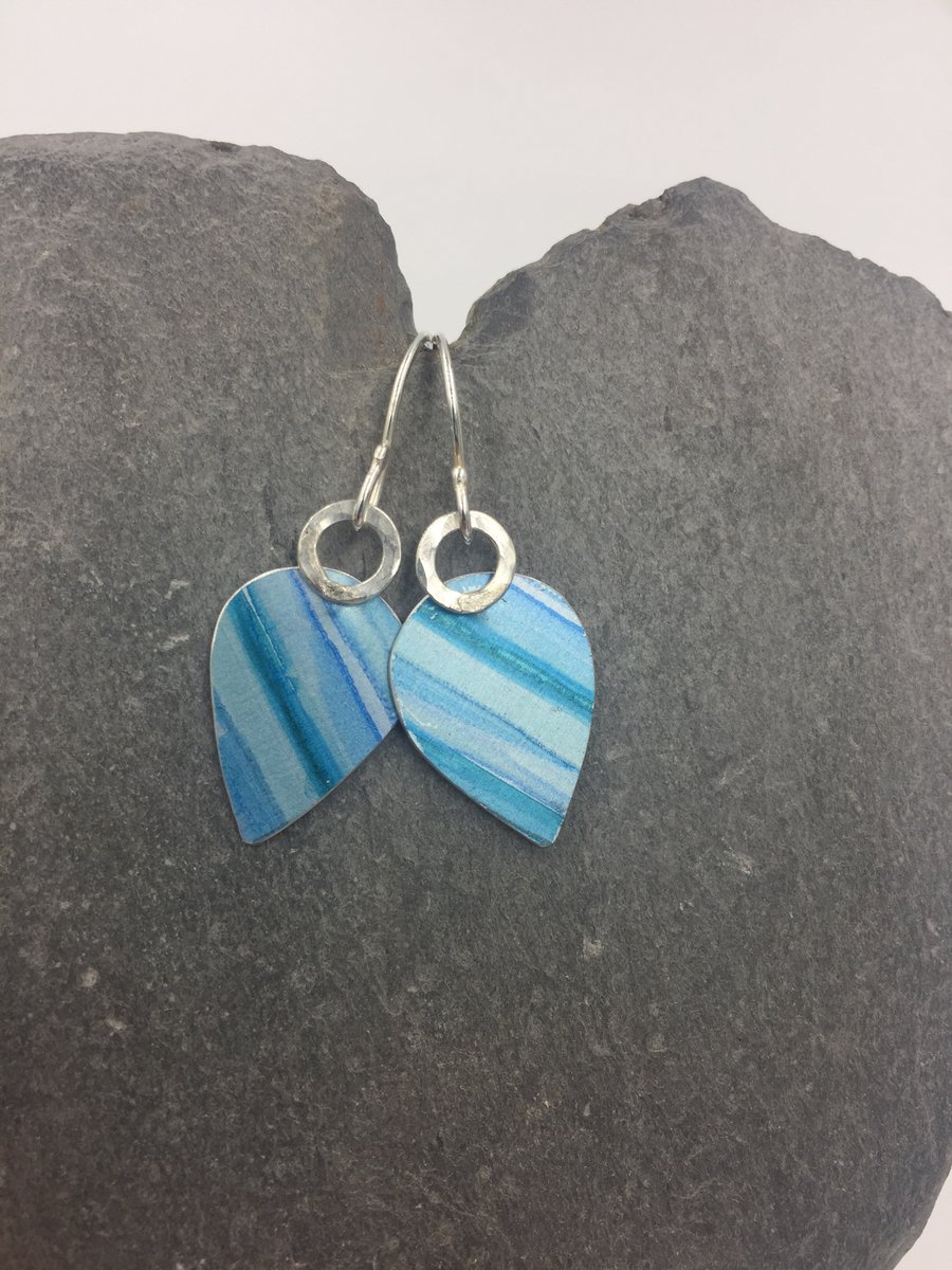 ‘Watercolour’ turquoise and blue drop earrings with hammered silver ring.