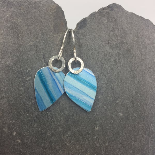 ‘Watercolour’ turquoise and blue drop earrings with hammered silver ring.