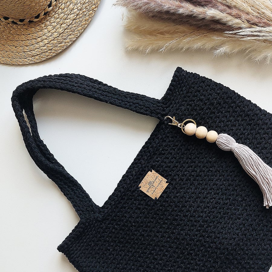Black Crochet Shoulder Tote Bag