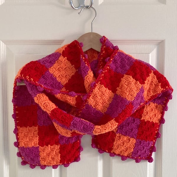 100% Merino Wool Patchwork Squares Scarf with Bobble Edging