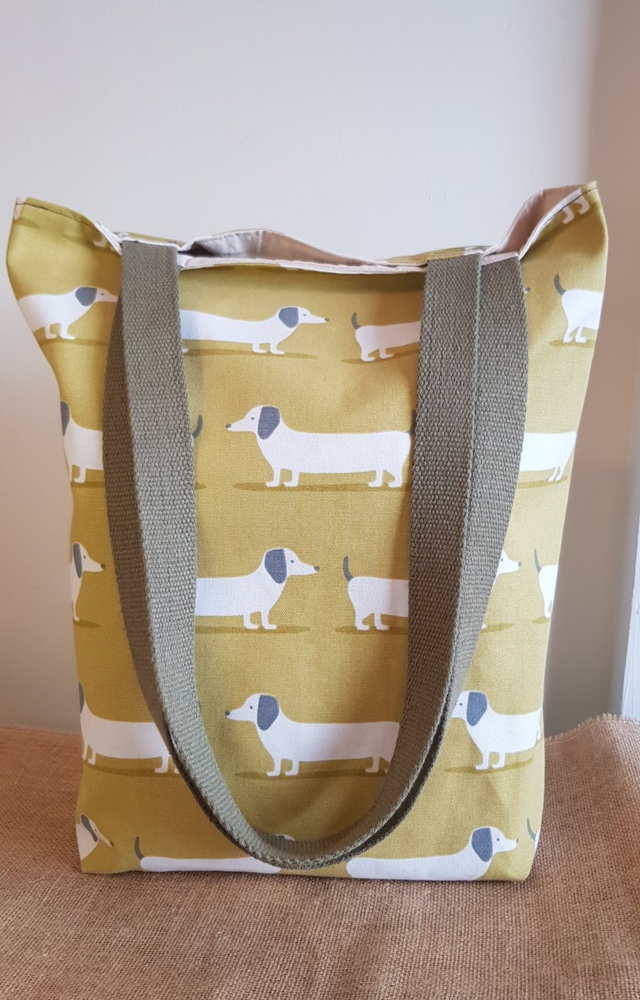 Doggy tote bag with long handles: dachshund design fabric 