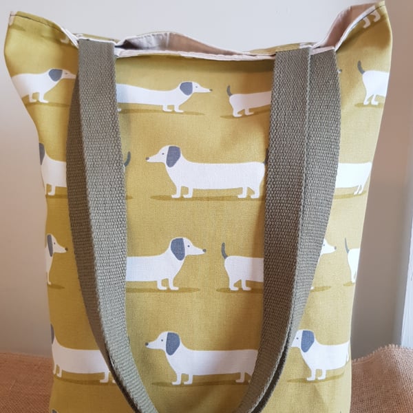 Doggy tote bag with long handles: dachshund design fabric 