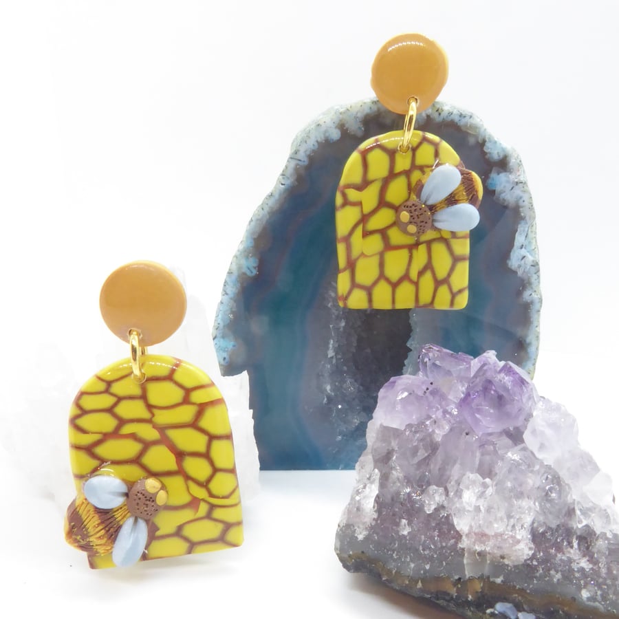 Honeycomb and Buymble Bee Polymer Clay Statement Earrings 