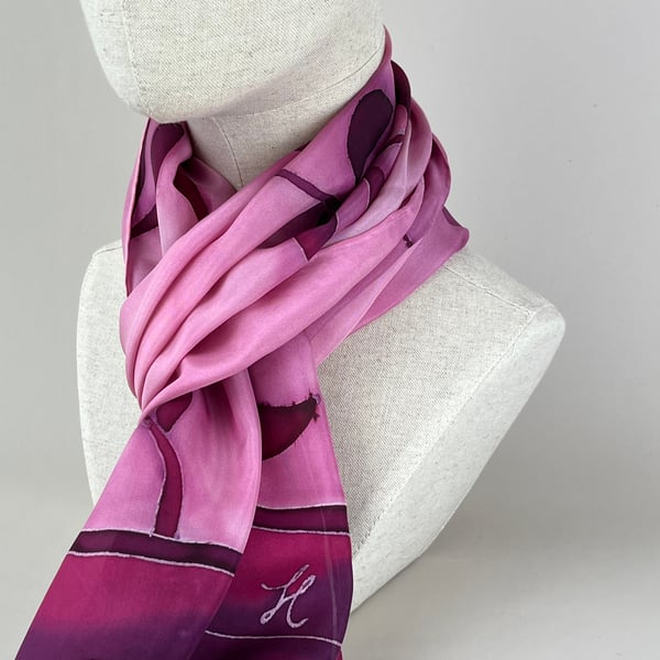 Olive Branch painted and handmade Silk Scarf a Perfect Gift in Burgundy and pink