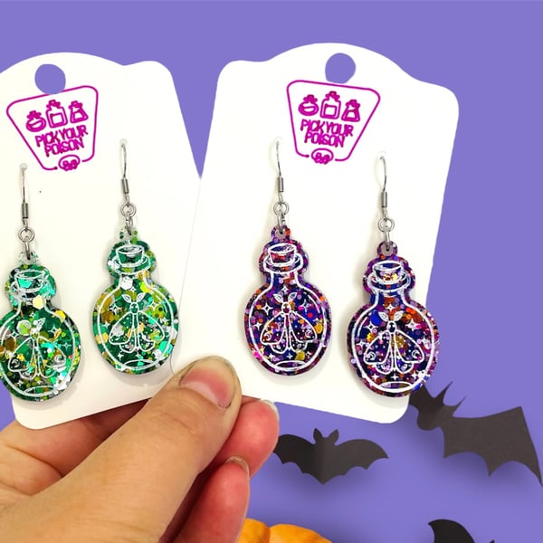 Halloween potion bottle earrings, Halloween drop earrings, goth jewellery 