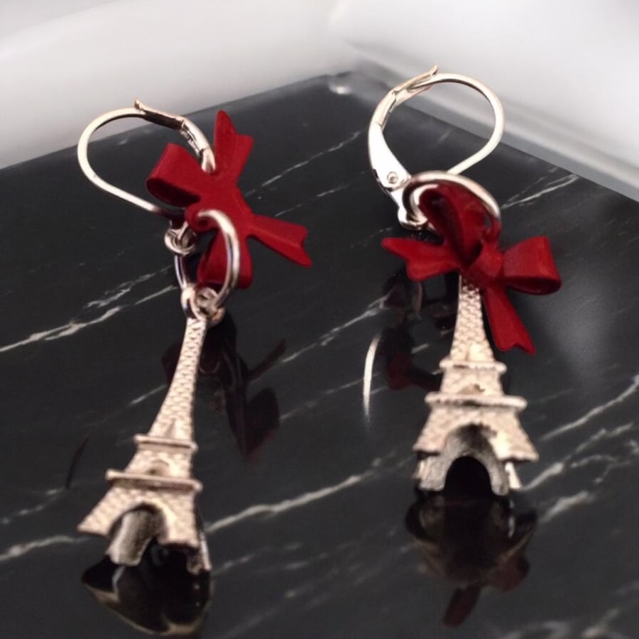 Silver Plated Eiffel Tower & Red Bows Earrings 