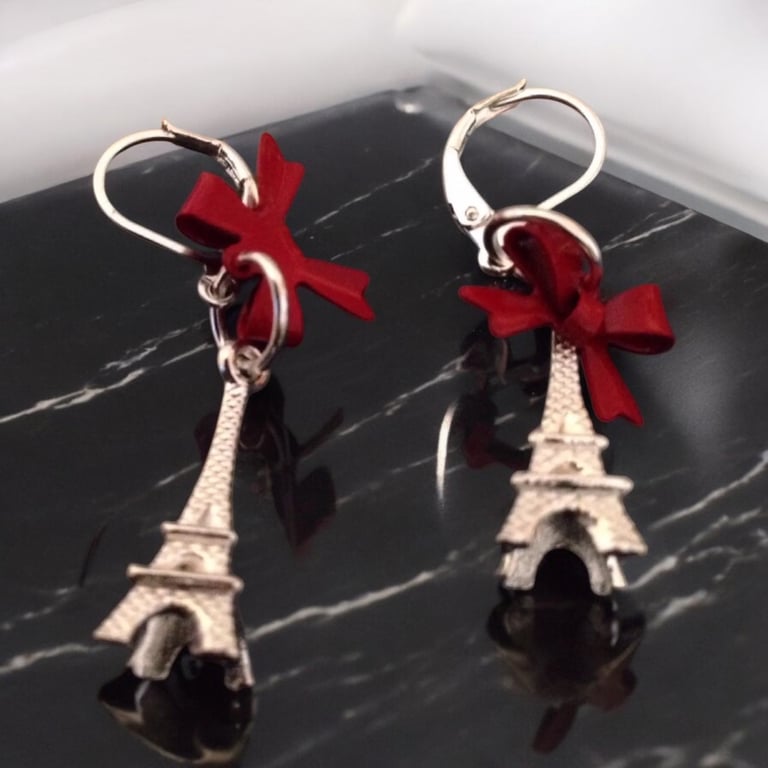 Silver Plated Eiffel Tower & Red Bows Earrings 