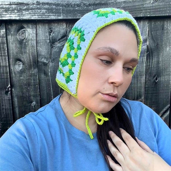 Handmade Crochet Bonnet - Green White Granny Square Bonnet with Ties - Festival 
