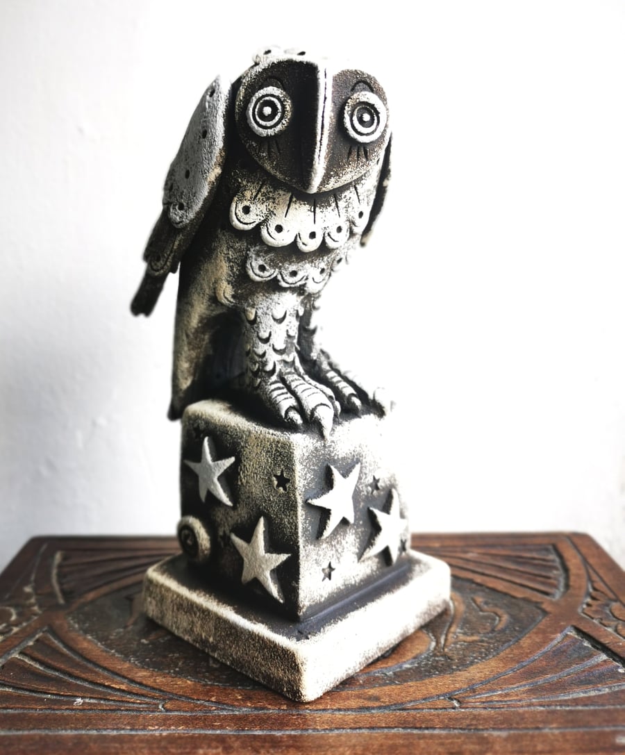 Ceramic owl sculpture with stars - ceramic art - bird art