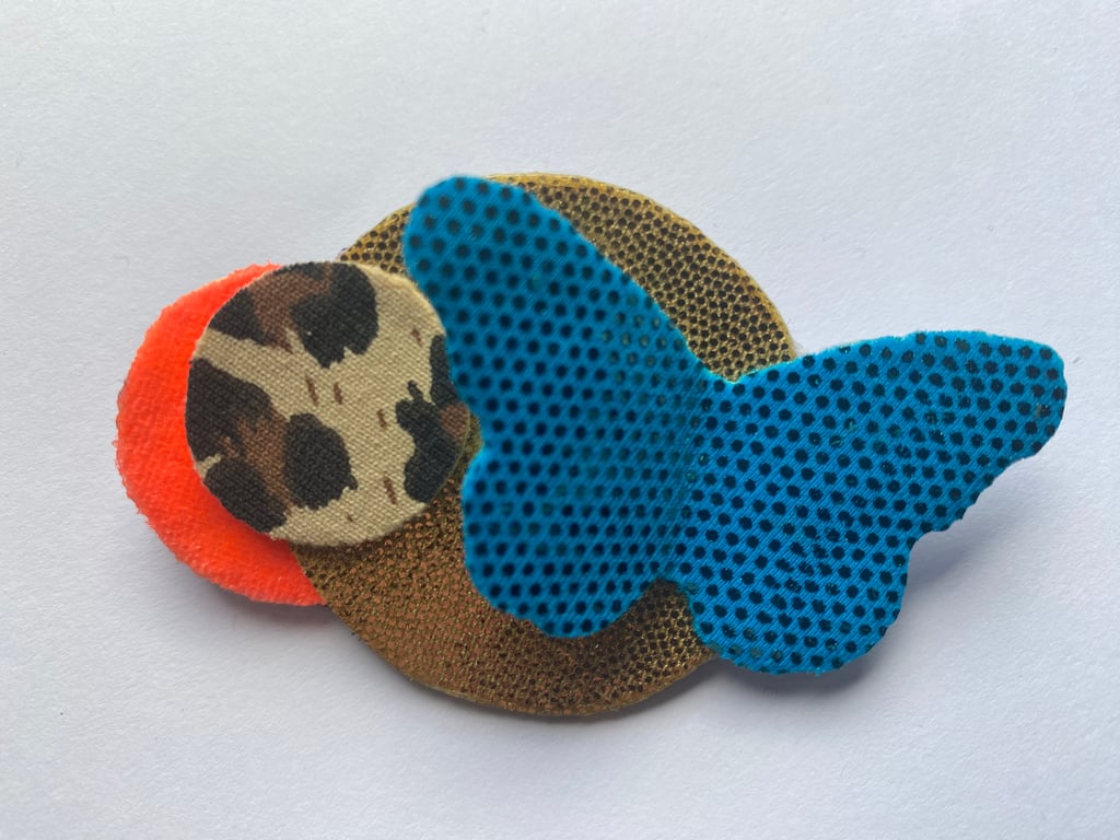 Circles and butterfly fabric brooch inspired by Scottish wildlife 
