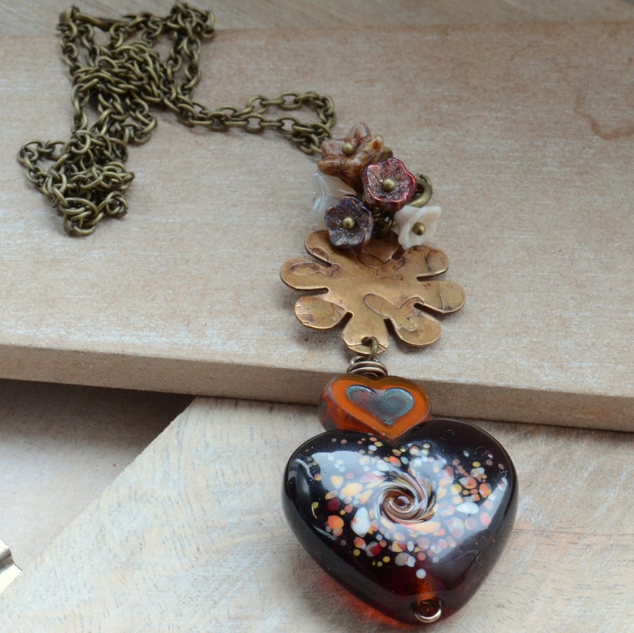 Amber Lampwork Glass Heart Necklace with Brass & Czech Glass Flower Cluster