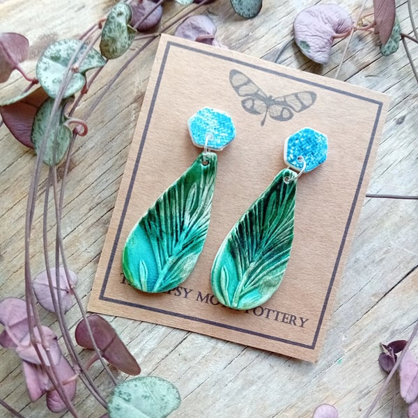 Large blue  hex green crackle glaze droplet porcelain clay earrings combo